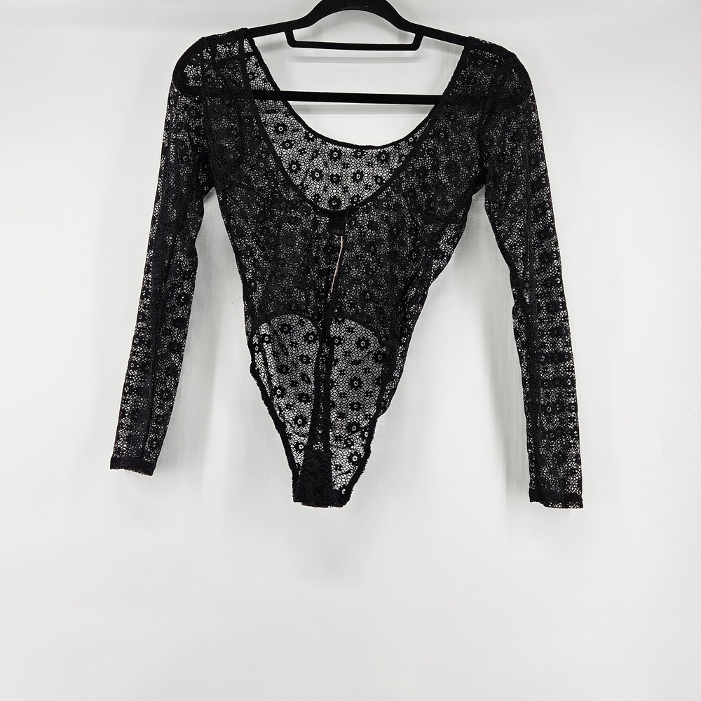 VICTORIAS SECRET‎ Black Lace Long Sleeve Bodysuit Teddy Sheer Sexy Lingerie XS